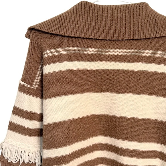 Strut & Bolt Brown and White Cream Striped 1/4 Zip Sweater with Fringe S - Picture 9 of 12